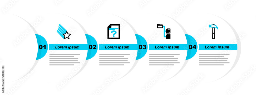 Poster set line hammer, folder tree, unknown document and falling star icon. vector