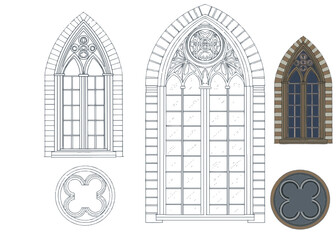 


Windows gothic hand drawn architectural glass details and frames set on white background. Black and white and illustration and color coloring for children and adults antistress
