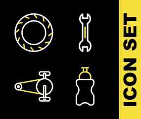 Set line Wrench spanner, Sport bottle with water, Bicycle chain gear and wheel tire icon. Vector