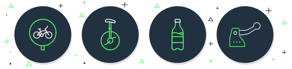 Set line Unicycle or one wheel bicycle, Sport bottle with water, Bicycle and brake icon. Vector © vector_v