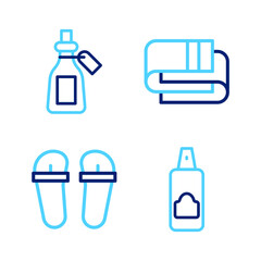 Fototapeta premium Set line Spray can for hairspray, Flip flops, Towel stack and Essential oil bottle icon. Vector