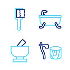 Set line Wooden axe in stump, Mortar and pestle, Bathtub and Sauna brush icon. Vector