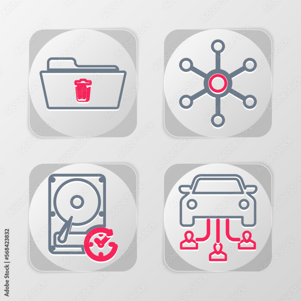 Poster set line car sharing, hard disk drive with clockwise, network and delete folder icon. vector