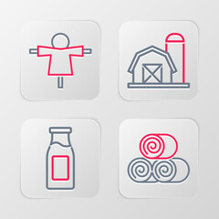 Set line Roll of hay, Bottle with milk, Farm house and Scarecrow icon. Vector