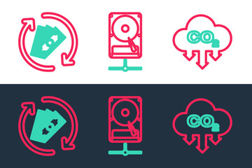 Set line CO2 emissions in cloud, Refund money and Hard disk drive sharing network icon. Vector