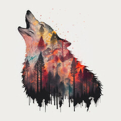 Double exposure howling wolf and a forest. Generative AI illustration.