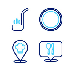 Fototapeta premium Set line Cafe and restaurant location, Chef hat with, Plate and Kitchen ladle icon. Vector