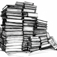 A black and white sketch of several book stacks
