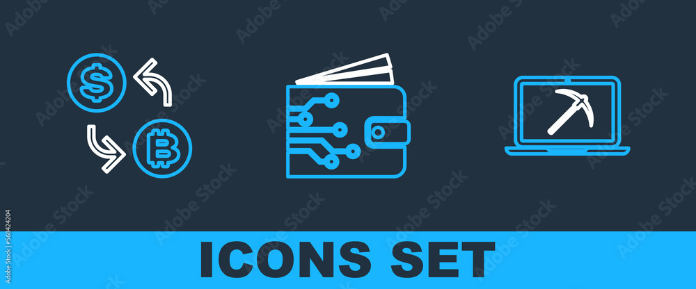 Poster set line mining with laptop and pickaxe, processor chip dollar and cryptocurrency wallet icon. vecto