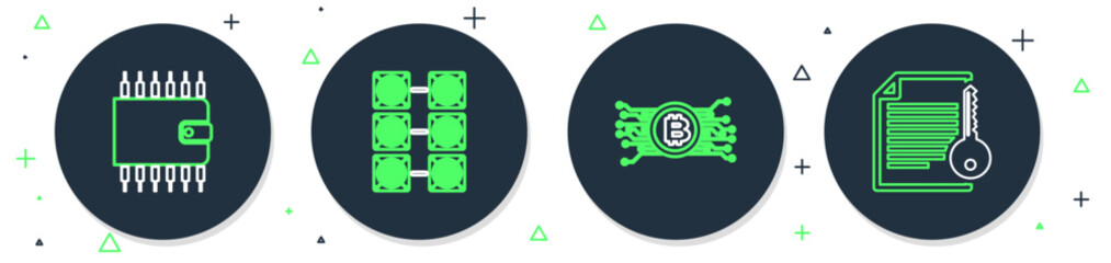 Set line Mining farm, Cryptocurrency bitcoin circuit, wallet and Smart contract icon. Vector