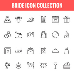 Bride outline icons collection vector, wedding symbols and signs, bride and groom, love, celebration vector isolated on white background - vector illustration