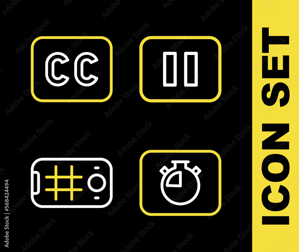 Poster set line pause button, stopwatch, selfie mobile and subtitles icon. vector