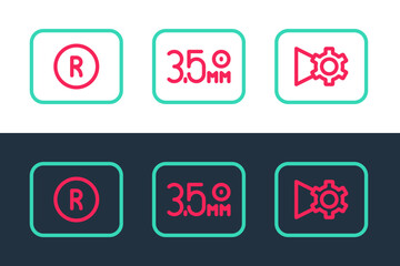 Set line Music or video settings, Record button and Audio jack icon. Vector
