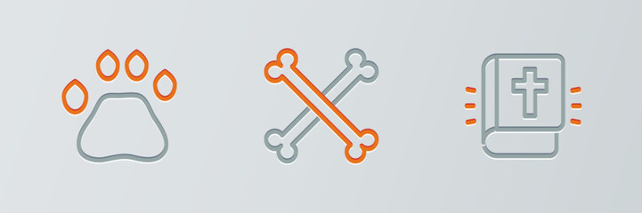 Obraz premium Set line Holy bible book, Bear paw footprint and Crossed human bones icon. Vector