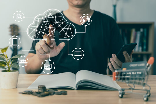 Man Touch Cloud Computing Diagram Show On Hand.Data Storage.the Use Of Online Digital Network Technology In Business, Buying And Selling Commerce Online Digital Marketplace