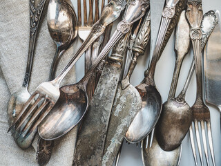 Vintage tableware lying on the table. Close-up, view from above. Tasty and healthy eating concept