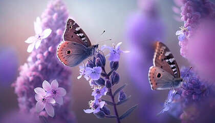Purple lavender flowers and butterflies. Soft focus. Macro. Close-up. Generative AI.