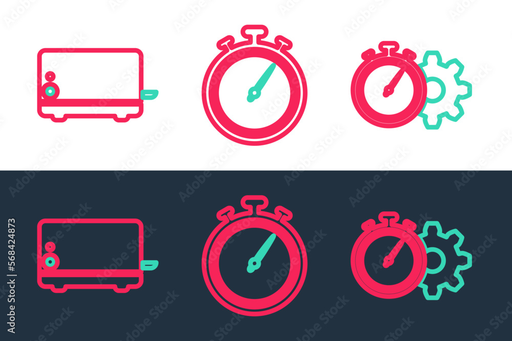 Sticker Set line Time management setting, Toaster and Stopwatch icon. Vector