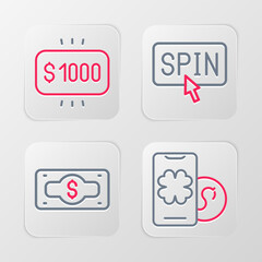 Set line Online poker table game, Stacks paper money cash, Winner holding prize ticket and Money casino icon. Vector