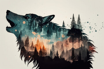 Double exposure howling wolf and a forest. Generative AI illustration.