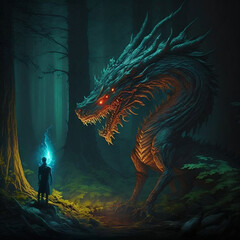 dragon in the forest and a person without fear