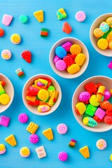 Fototapeta na wymiar Overhead view of colorful set of different kids sweets and treats in bowls on light blue wooden background - generative ai