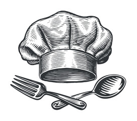 Chef hat with spoon and fork. Design for restaurant or diner menu. Hand drawn vintage sketch vector illustration © ~ Bitter ~