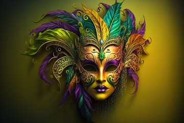 Celebrate the vibrant spirit of mardi gras mask, Venetian carnival mask ,beads decoration,feathers decor background,colorful and festive background,Generative AI