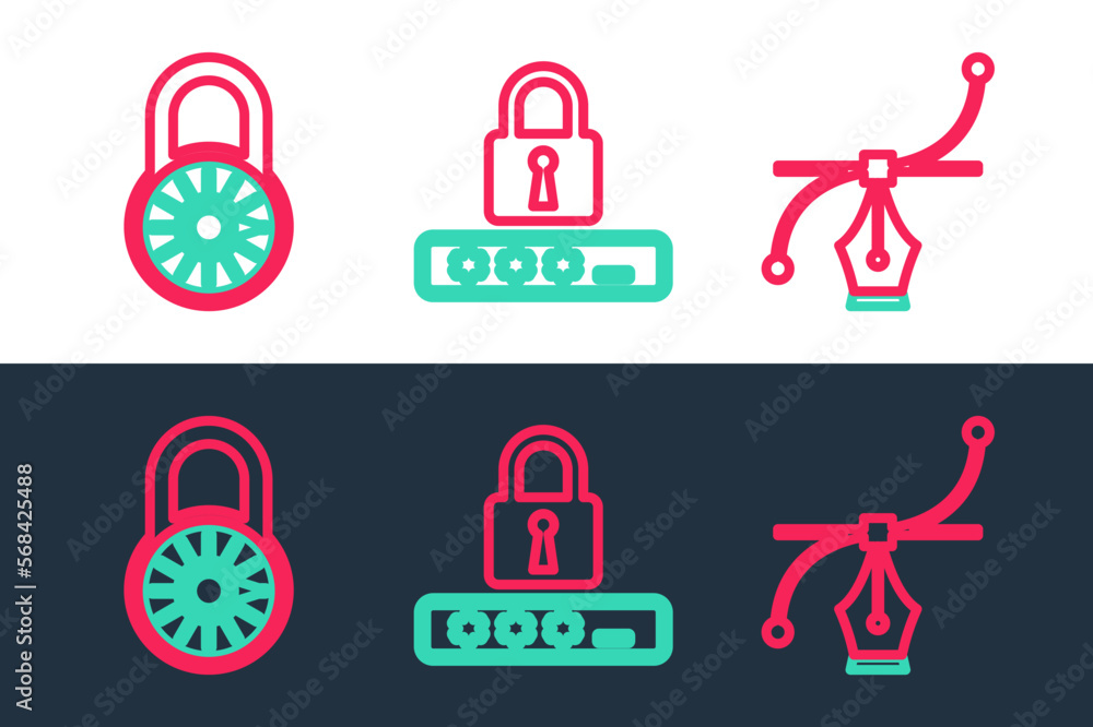 Poster set line bezier curve, safe combination lock wheel and password protection icon. vector
