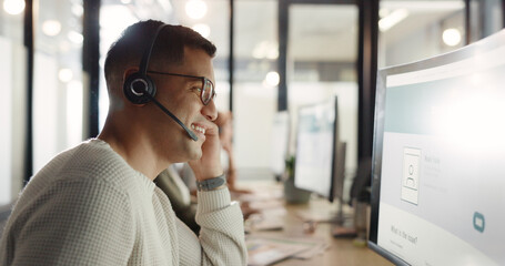 Contact us, crm or happy consultant in call center talking, communication or helping with inbound...