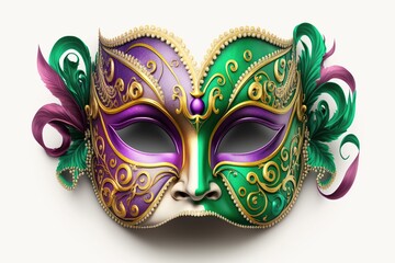 abstract colorful mardi gras mask, beads, and feathers decor white background,Generative AI