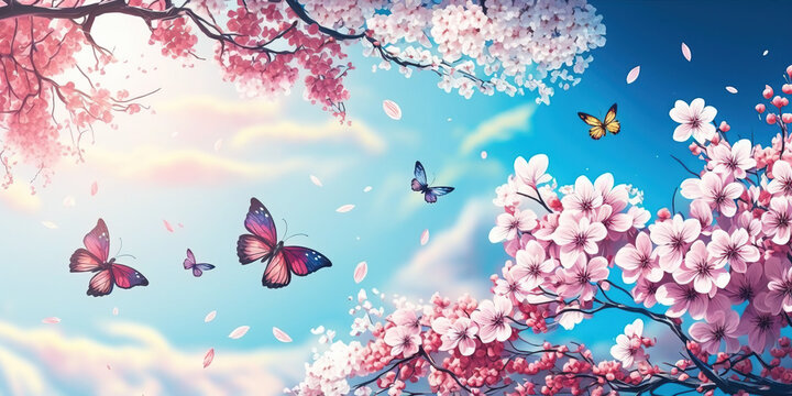 Branches of blossoming cherry. Blue sky and butterflies. Nature. Pink sakura flowers. Spring. Romantic. Dreamy. Generative AI.. Generative AI.