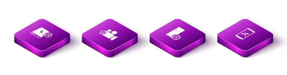 Set Isometric Power bank service, Video camera, Refrigerator and Smartphone icon. Vector