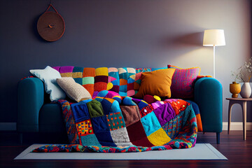 Interior of a living room with a sofa covered with patchwork pillows - obrazy, fototapety, plakaty