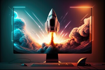 Rocket on computer monitor screen, startup concept, gradient background. Generative AI