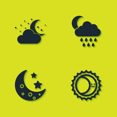 Set Cloud with moon and stars, Eclipse of the sun, Moon and rain icon. Vector