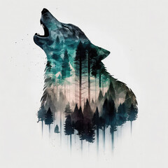 Double exposure howling wolf and a forest. Generative AI illustration. - obrazy, fototapety, plakaty