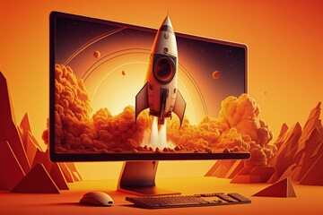 Rocket on computer monitor screen, startup concept, orange background. Generative AI