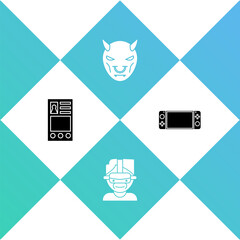 Fototapeta na wymiar Set Create account screen, Virtual reality glasses, Mask of the devil with horns and Portable video game console icon. Vector