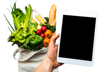 Online shopping mobile app holding by a hand with blurred background of fresh vegetables and healthy food on isolated png background
