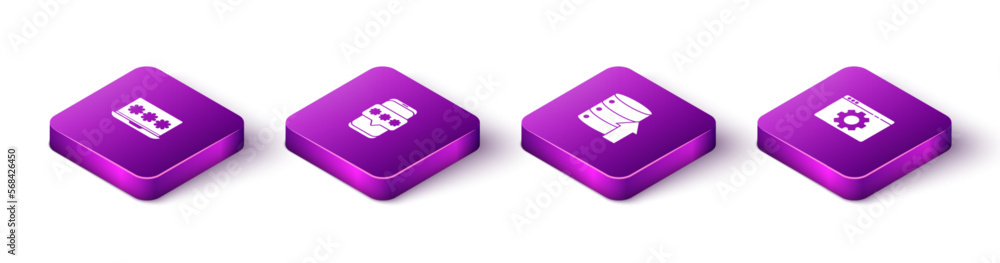 Poster set isometric laptop with password, mobile and, server, data, web hosting and browser setting icon. 
