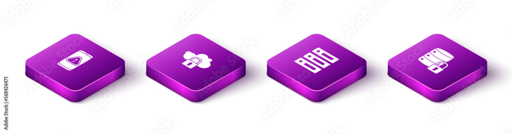 Poster set isometric mobile with exclamation mark, cloud computing lock, server, data, web hosting and secu
