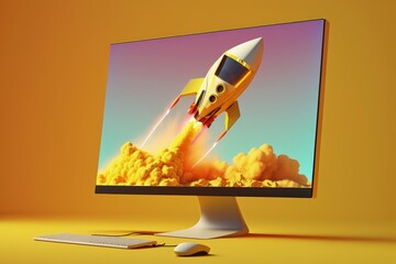 Rocket on computer monitor screen, startup concept, yellow background. Generative AI