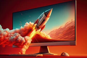 Rocket on computer monitor screen, startup concept, red background. Generative AI