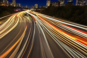 Panoramic - Cars light trails at night in a curve asphalt road at night, long exposure image - generative ai