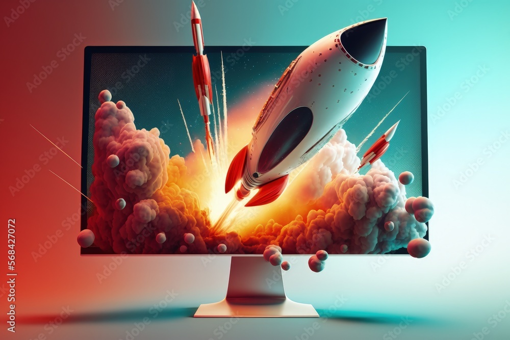 Wall mural rocket on computer monitor screen, startup concept, gradient background. generative ai