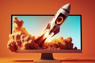 Rocket on computer monitor screen, startup concept, orange background. Generative AI