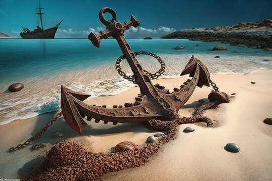 Old and rusty anchor of a pirate ship on the beach of an island, sea in the background. Generative AI