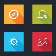 Set Bicycle wheel, lock, sprocket crank and frame icon. Vector
