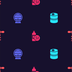 Set Metal beer keg, Wooden barrel on rack, Beer bottle and Wine corkscrew on seamless pattern. Vector